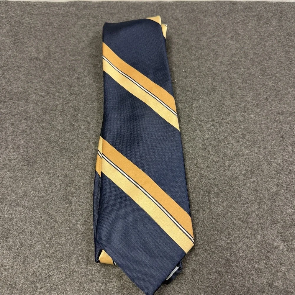 Vtg 70s DAMON Indins Plaza Mens Wear Kansas City Striped Tie Navy Blue Gold